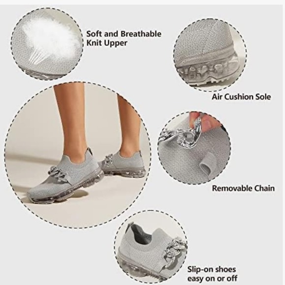 Freewalk Air Cushion Knit Sneakers Gray Slip On Rhinestone Chain Women's Size 10 - Picture 4 of 11